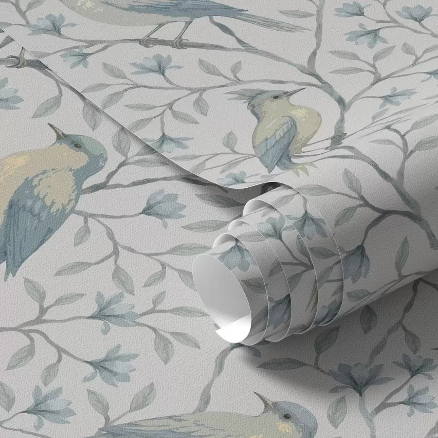 Fototapete Vögel auf Ästen, grau-blaues Farbschema a00782