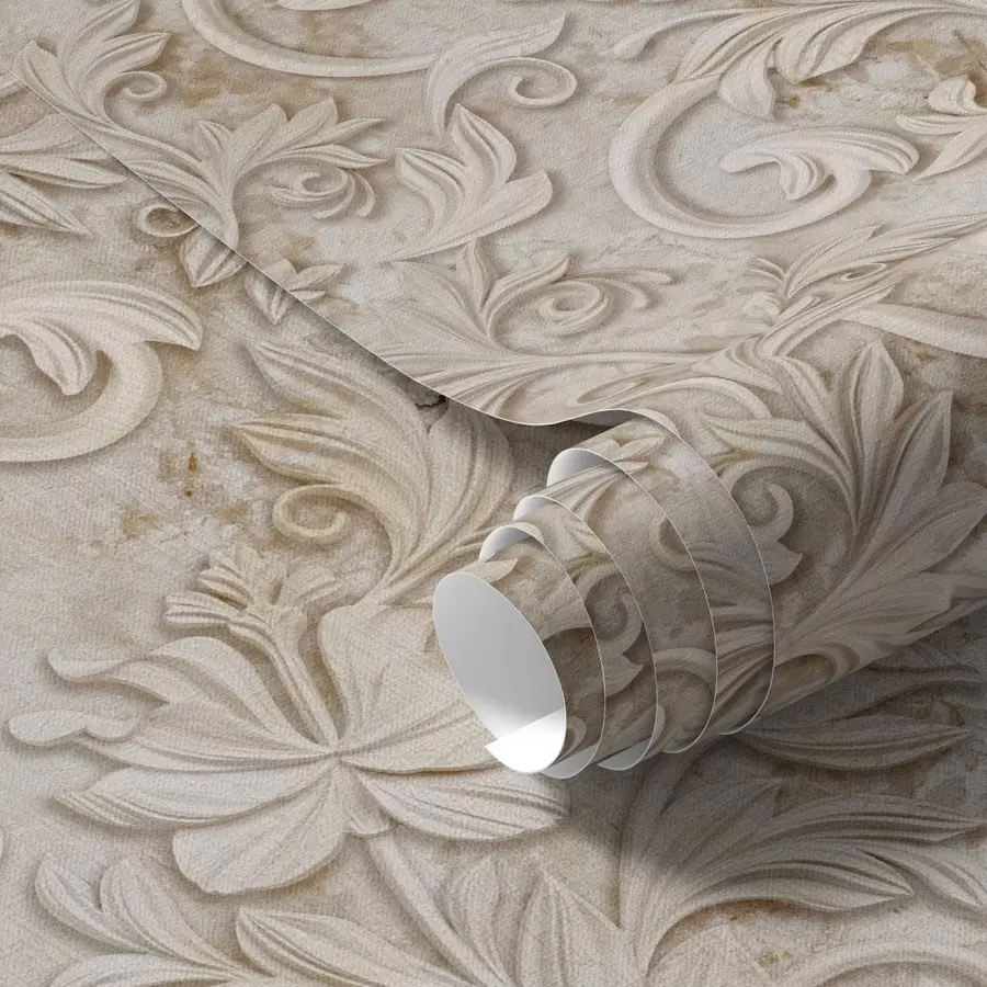 Fototapete Steinrelief mit floralen Schnörkeln, Vintage-Beige a00784