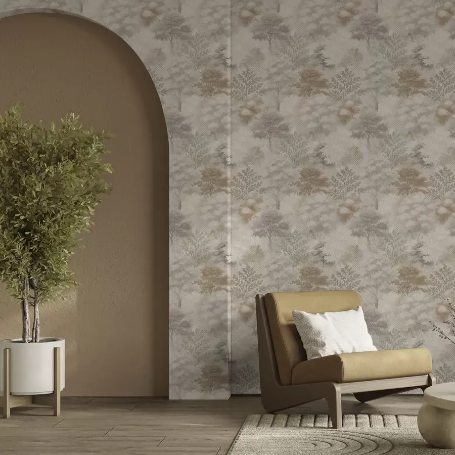 Fototapete Sanfter Wald im Nebel, sanfte Beige-Grau-Töne a00785