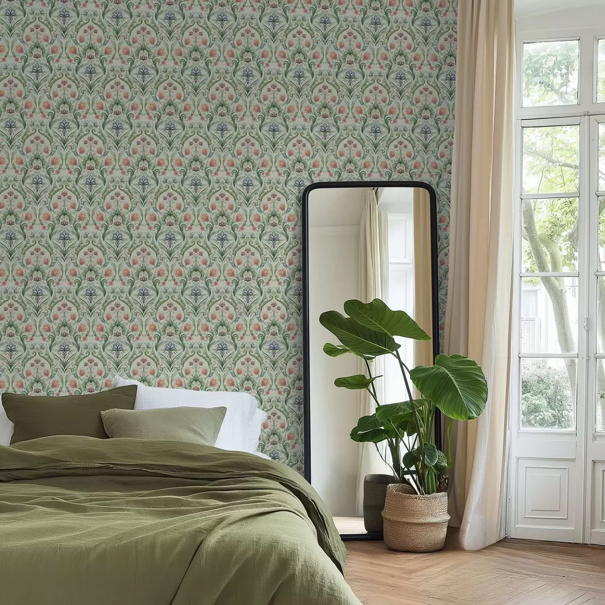 Fototapete Symmetrisches Blumenornament, mint-cremefarbene Farbpalette a00827v1