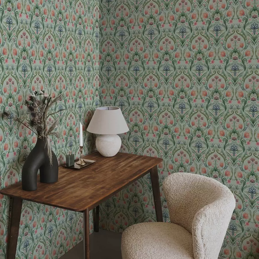 Fototapete Symmetrisches Blumenornament, mint-cremefarbene Farbpalette a00827v1