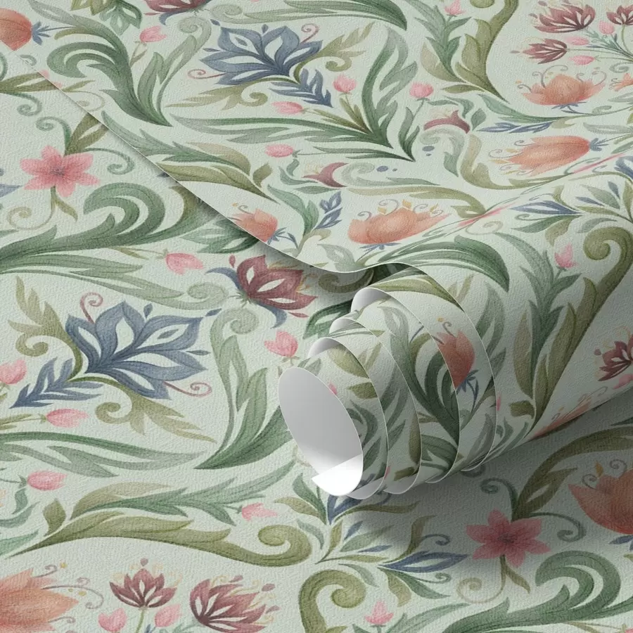 Fototapete Symmetrisches Blumenornament, mint-cremefarbene Farbpalette a00827v1