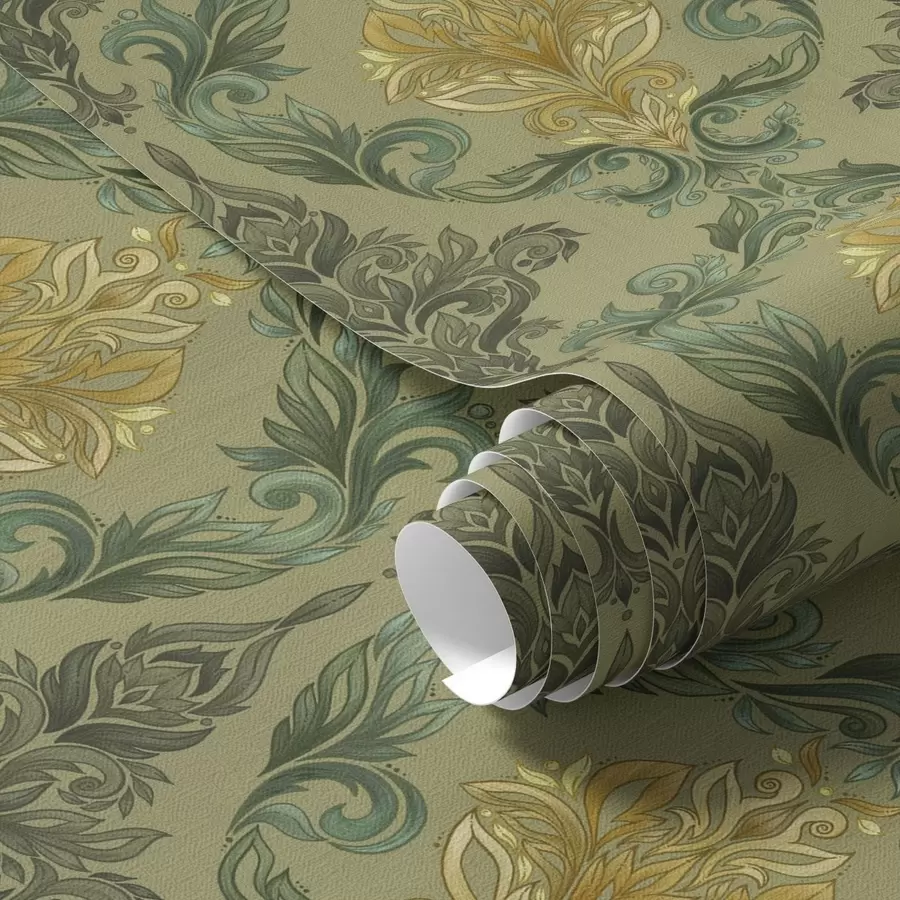 Fototapete Damast mit pflanzlichen Schnörkeln, oliv-ockerfarbene Palette a00828