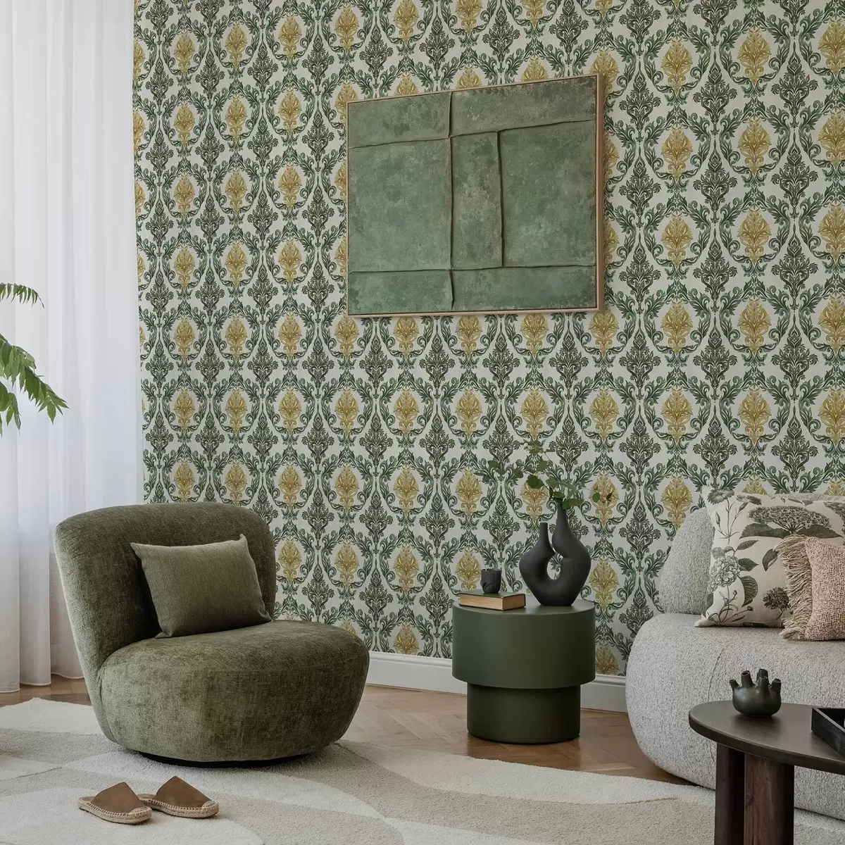 Tapete Damast mit grünen Schnörkeln auf hellem Grund a00828v1
