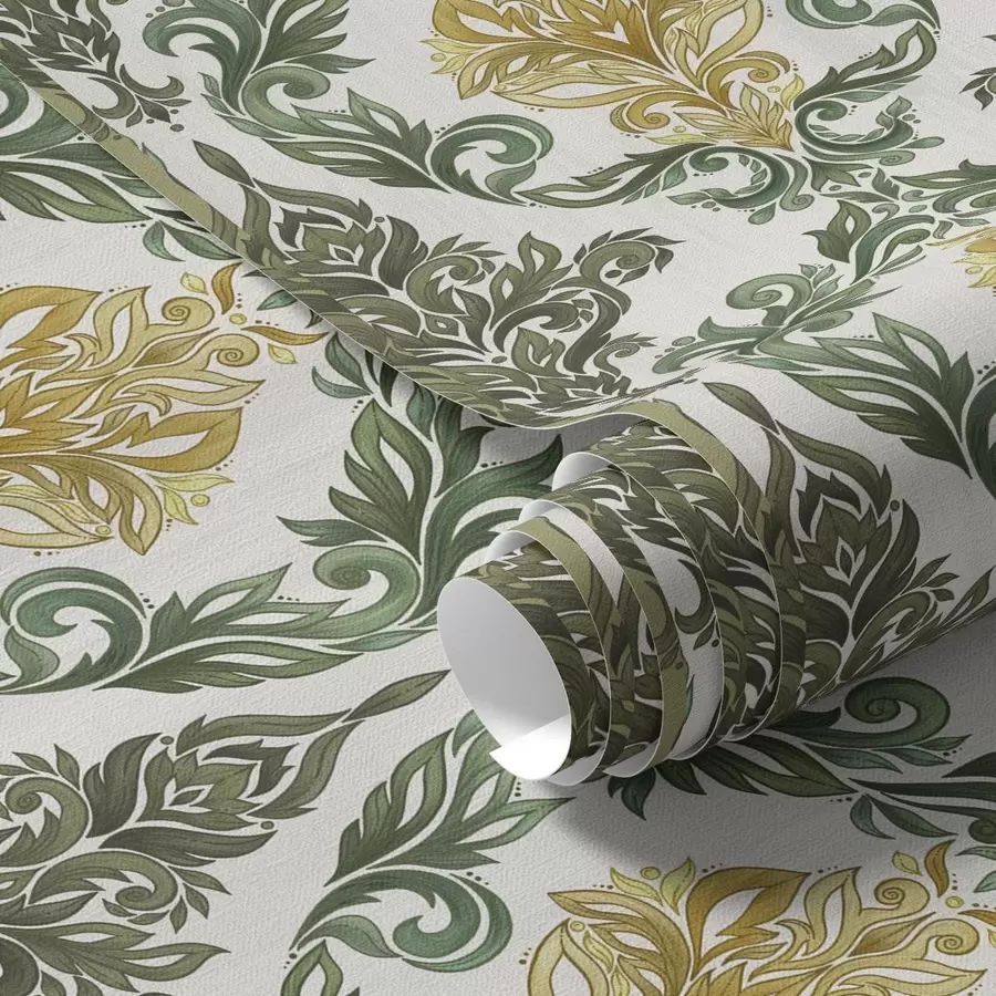 Fototapete Damast mit grünen Schnörkeln auf hellem Grund a00828v1