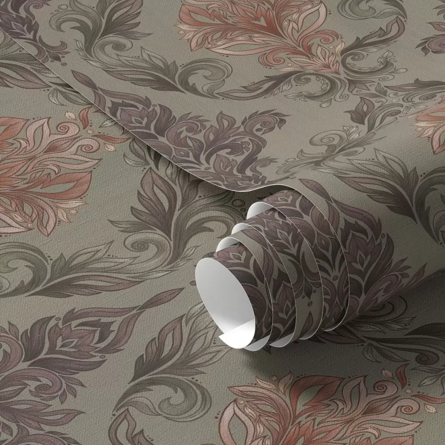 Fototapete Terrakotta-Damast auf gedecktem Olivgrün a00828v3