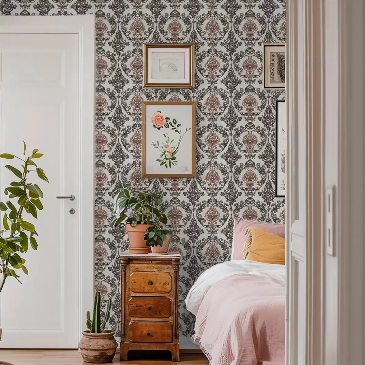 Tapete Damast mit kupferbraunen Akzenten auf hellem Grund a00828v4