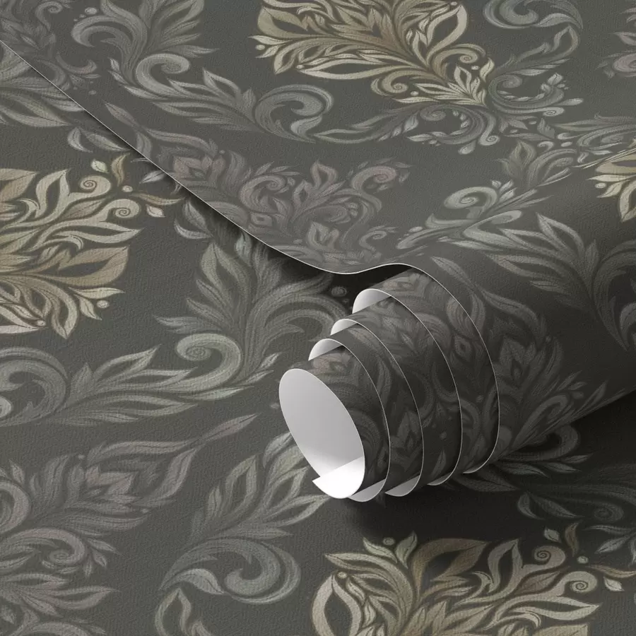 Fototapete Damast auf dunklem Graphitgrund, Akzente in Oliv-Ocker a00828v5