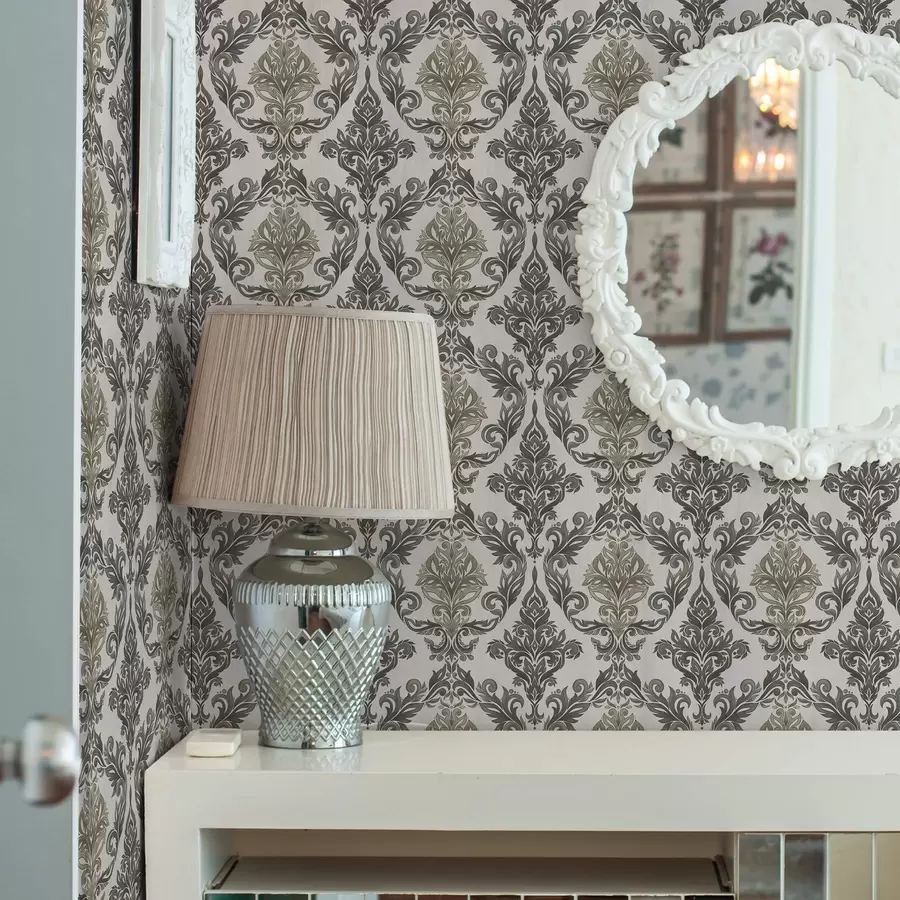 Fototapete Damast auf hellem Grund, Akzente in Olivbronze a00828v6