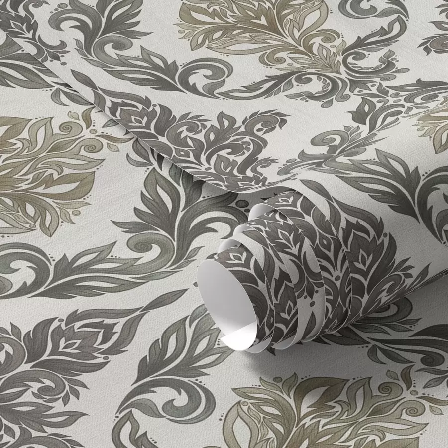 Fototapete Damast auf hellem Grund, Akzente in Olivbronze a00828v6