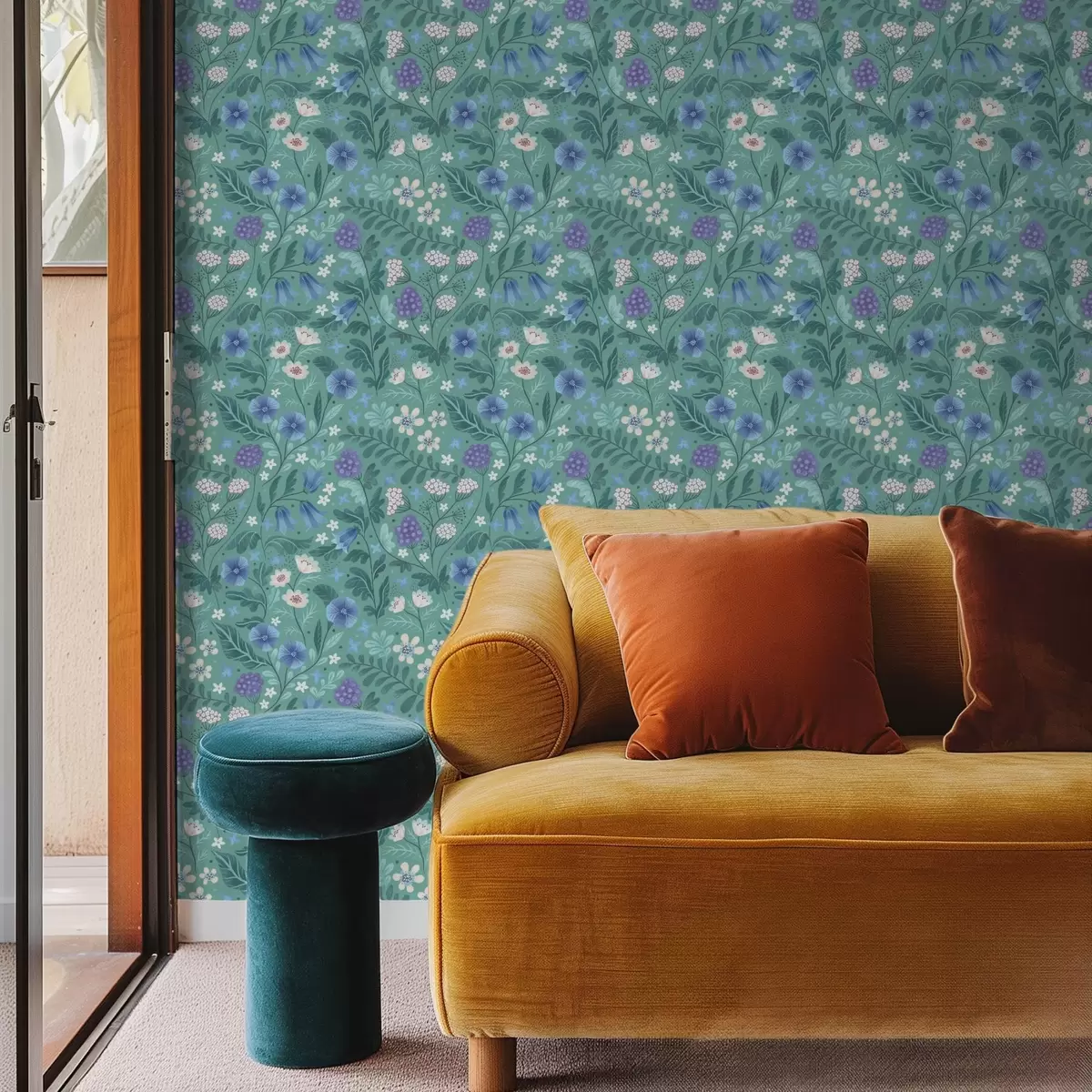 Fototapete Wildblumen und Beeren auf sanftem Minzhintergrund a00849