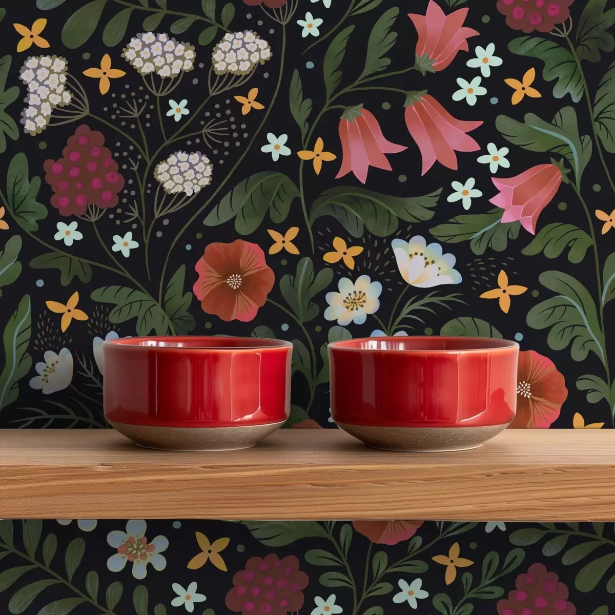 Tapete Wildblumen und Beeren auf tiefschwarzem Hintergrund a00849v3