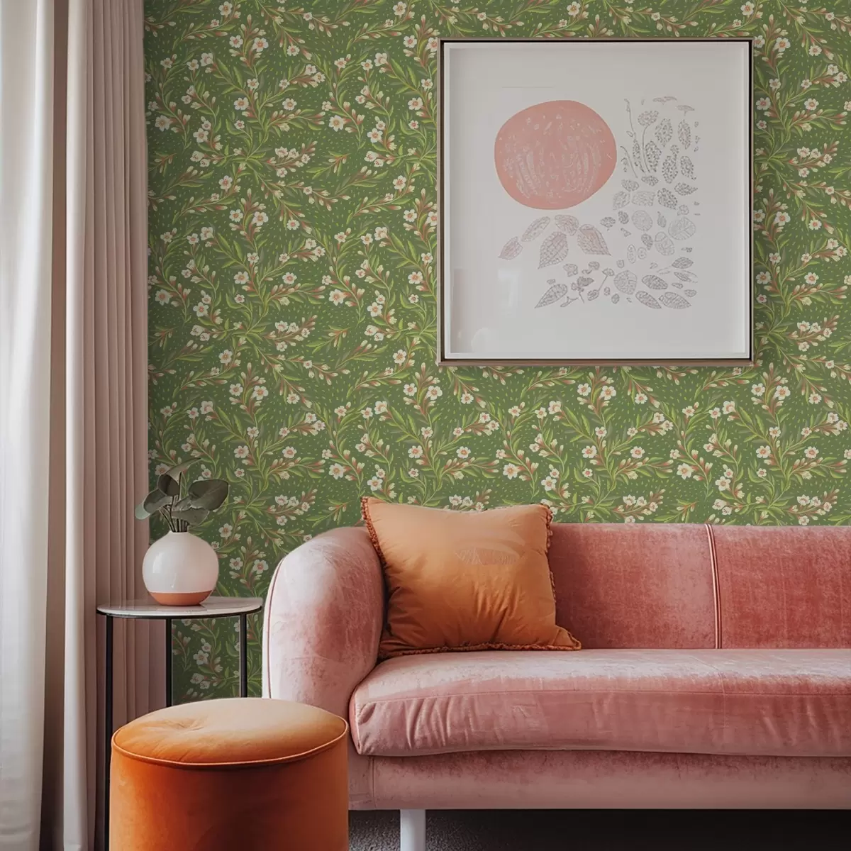 Fototapete Weitläufige Zweige mit cremefarbenen Blüten auf olivfarbenem Hintergrund a00850