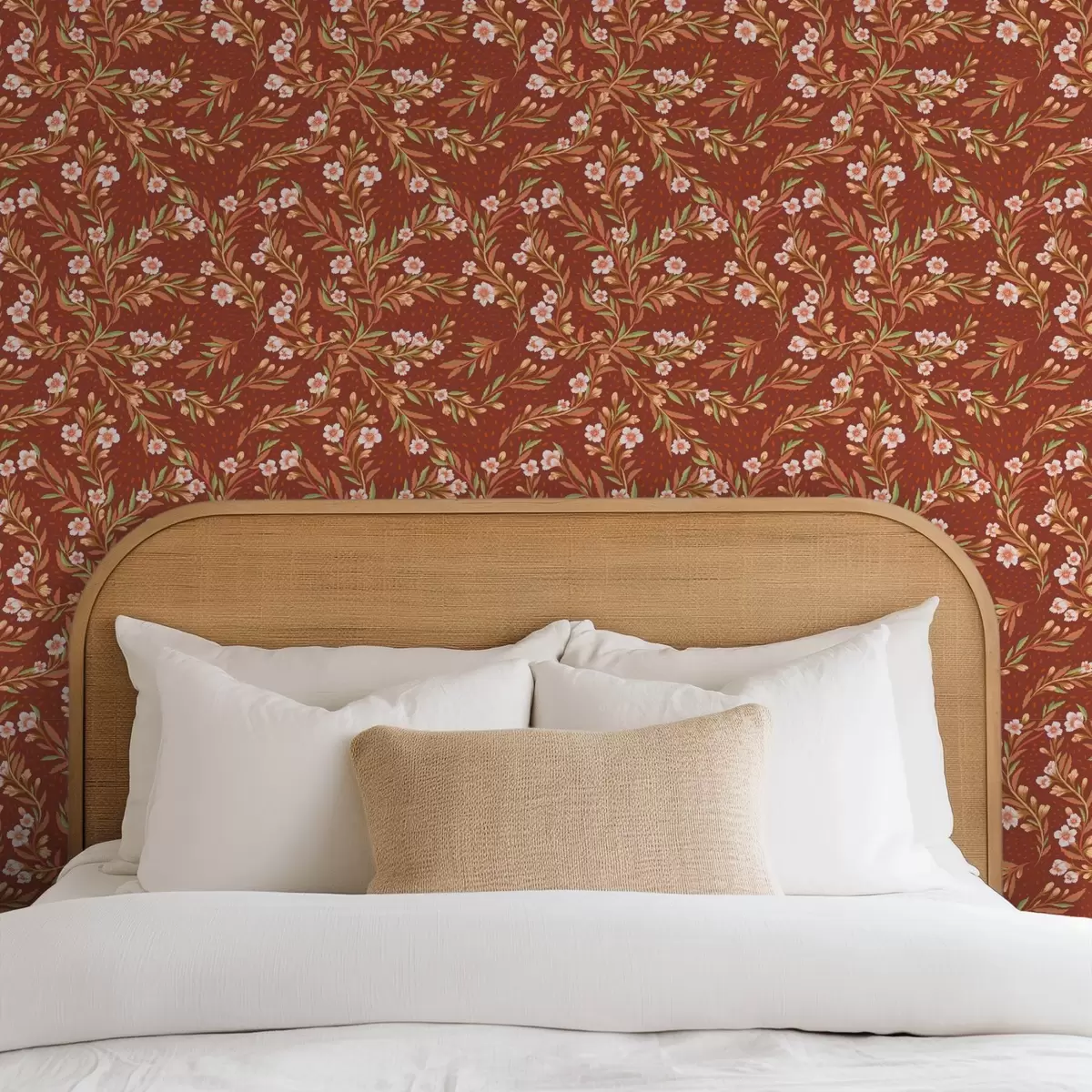 Tapete Weitläufige Zweige mit weißen Blüten auf terrakottafarbenem Hintergrund a00850v1