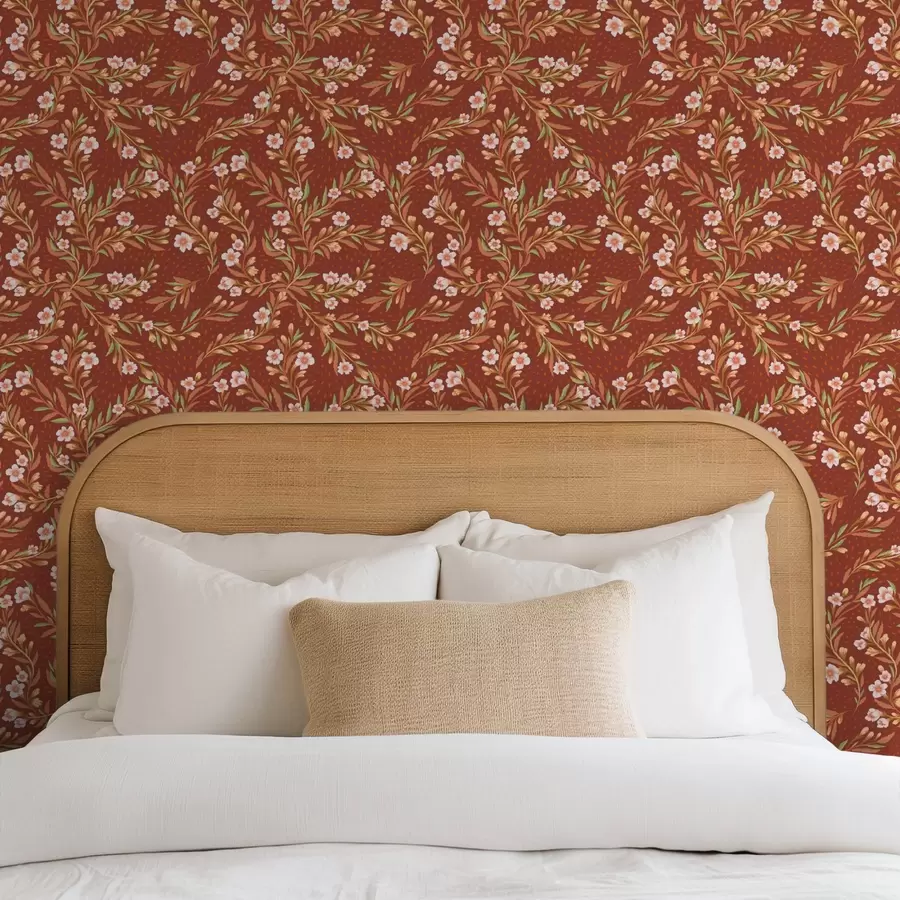 Fototapete Weitläufige Zweige mit weißen Blüten auf terrakottafarbenem Hintergrund a00850v1