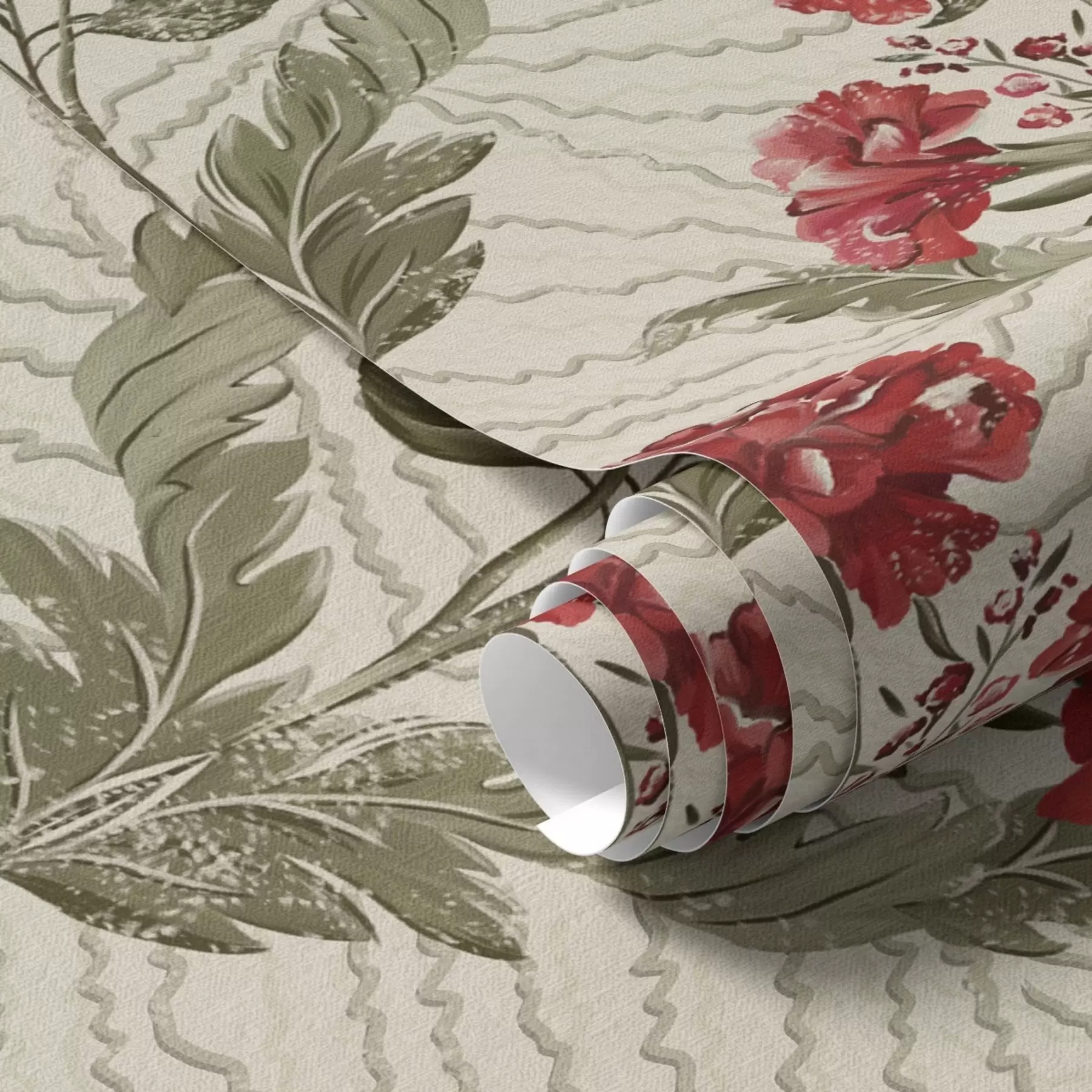 Fototapete Große rote Pfingstrosen vor grafischem Hintergrund, cremefarbener Hintergrund a00857