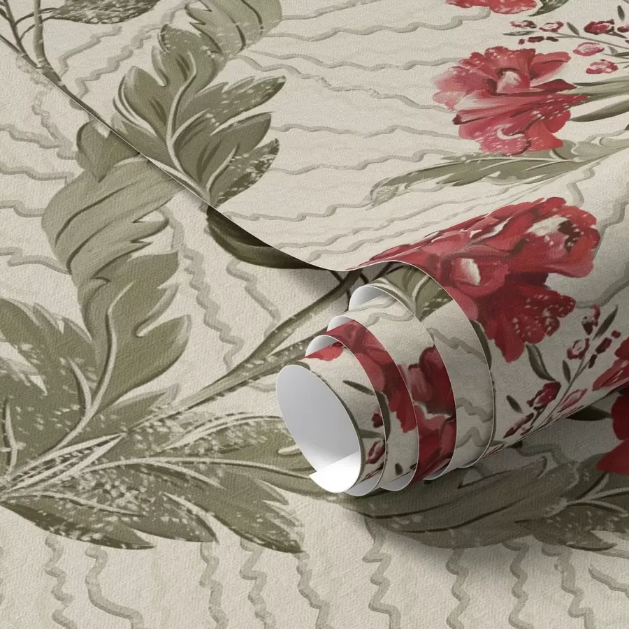 Fototapete Große rote Pfingstrosen vor grafischem Hintergrund, cremefarbener Hintergrund a00857