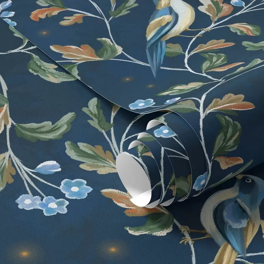 Fototapete Titten auf Ästen, nachtblauer Hintergrund mit Funken a00858