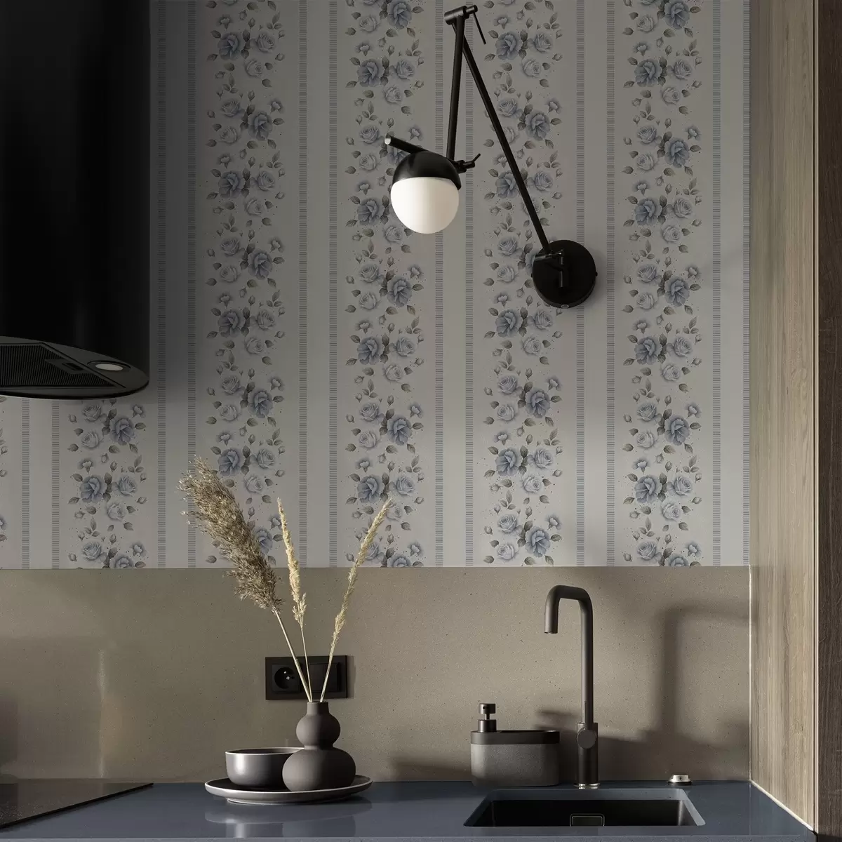 Fototapete Blaue Rosen in vertikalen Streifen auf hellem Hintergrund a00860