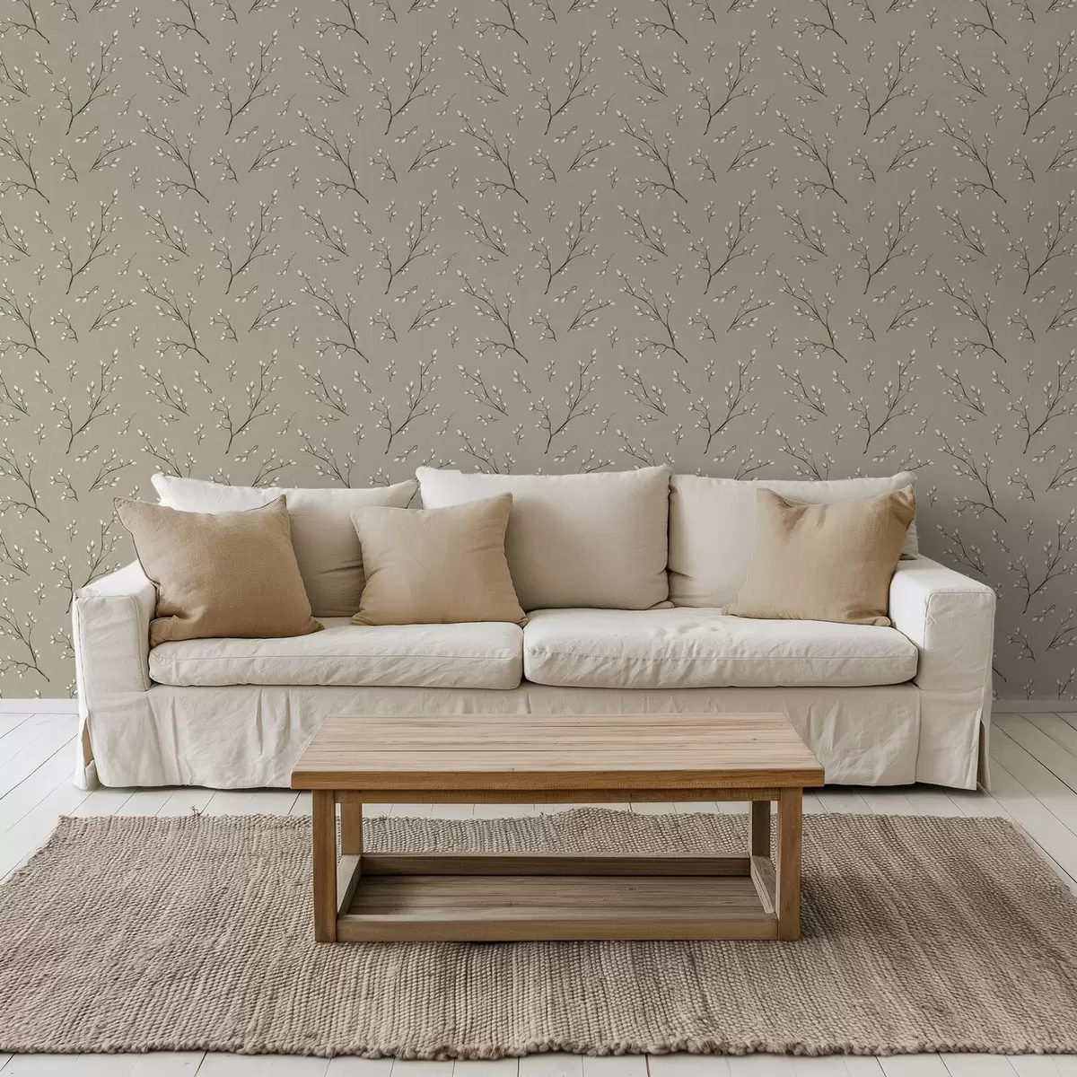 Fototapete Zweige mit weißen Knospen auf taupefarbenem Leinenhintergrund a00861