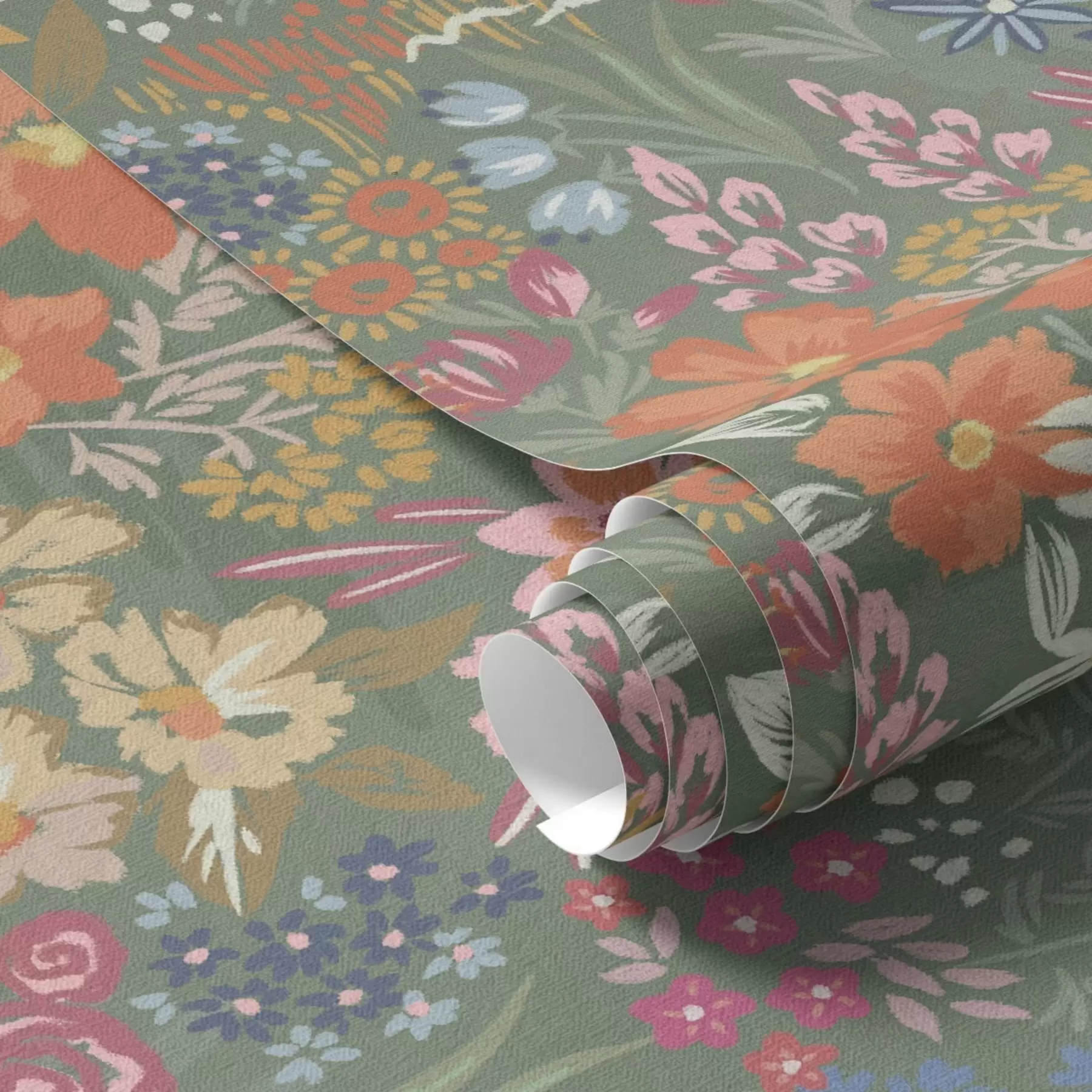 Fototapete Malerische Wiesenblumen auf Salbeigrün a00864