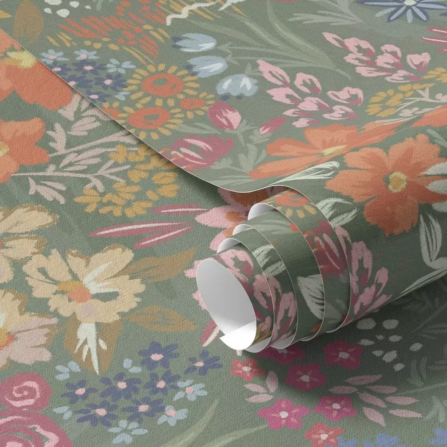 Fototapete Malerische Wiesenblumen auf Salbeigrün a00864