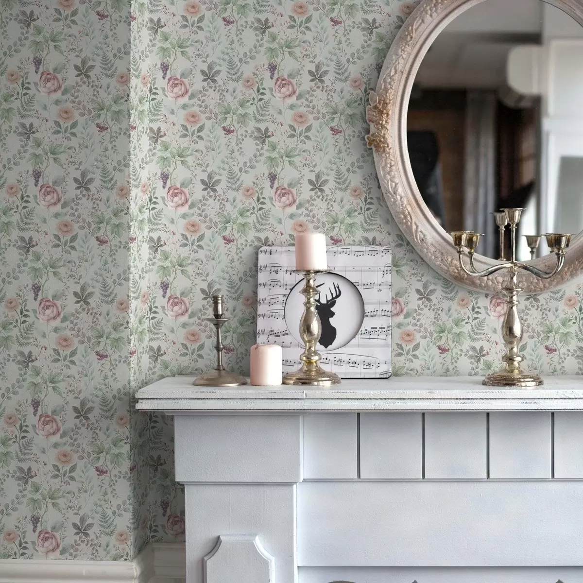 Fototapete Pastellfarbener Garten mit Rosen, Farnen und Trauben a00867