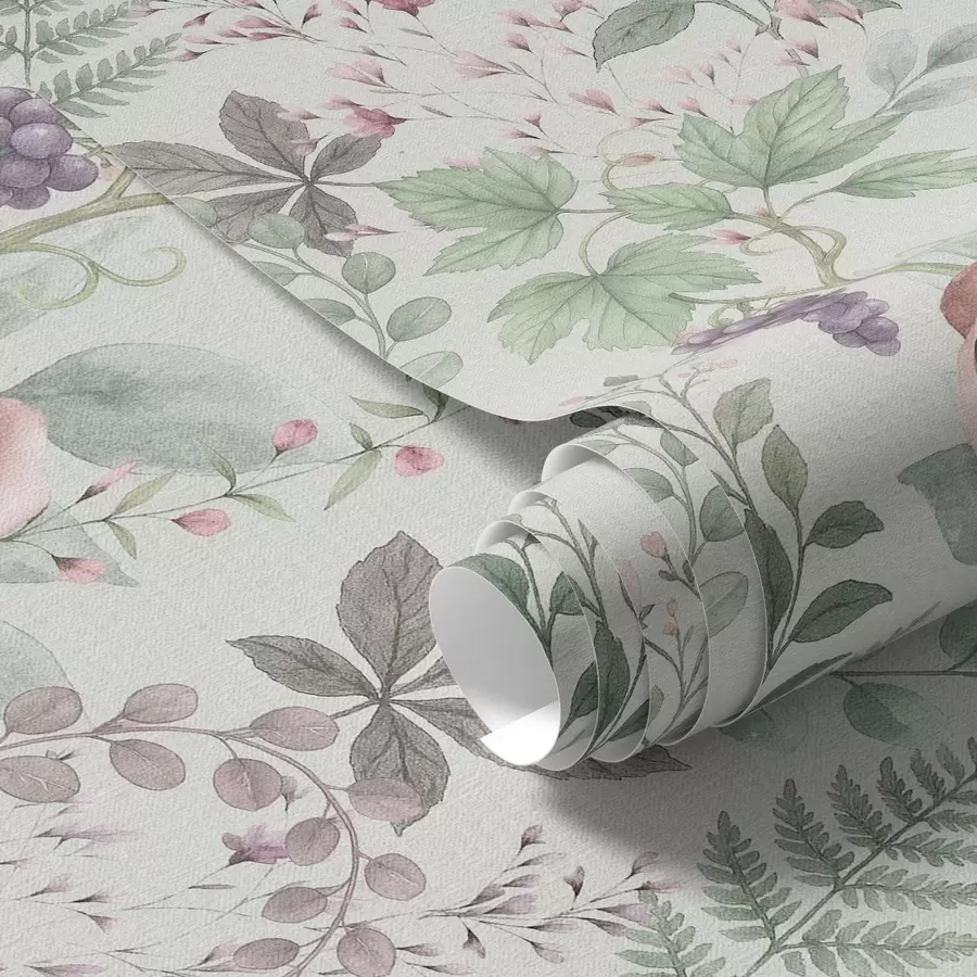 Fototapete Pastellfarbener Garten mit Rosen, Farnen und Trauben a00867