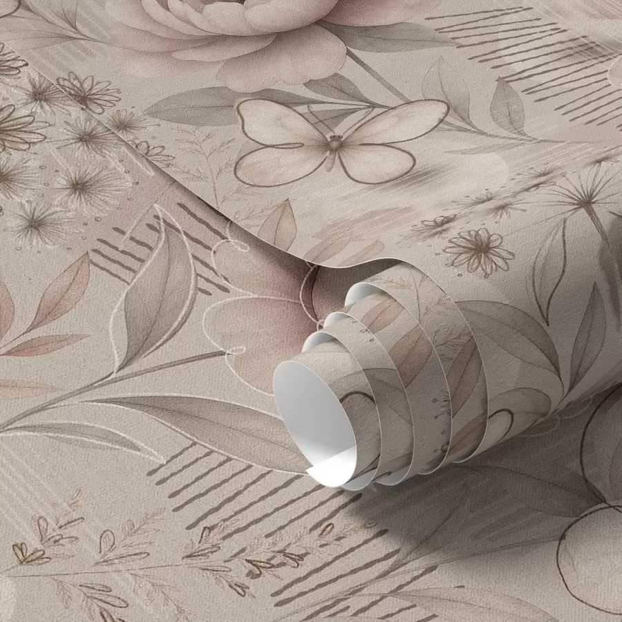 Fototapete Sepia-beige Blumenmuster mit Schmetterlingen und linearen Akzenten a00870