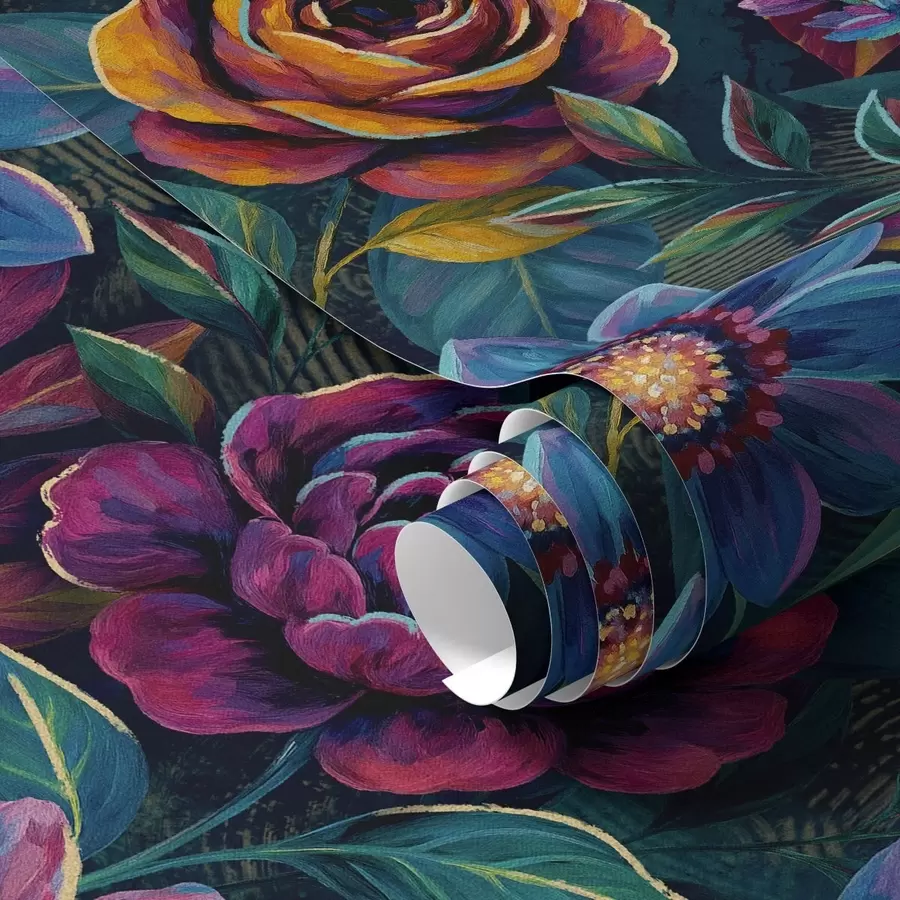 Fototapete Lebhafte Blumen in Juwelenfarben auf tiefem Marineblau a00871