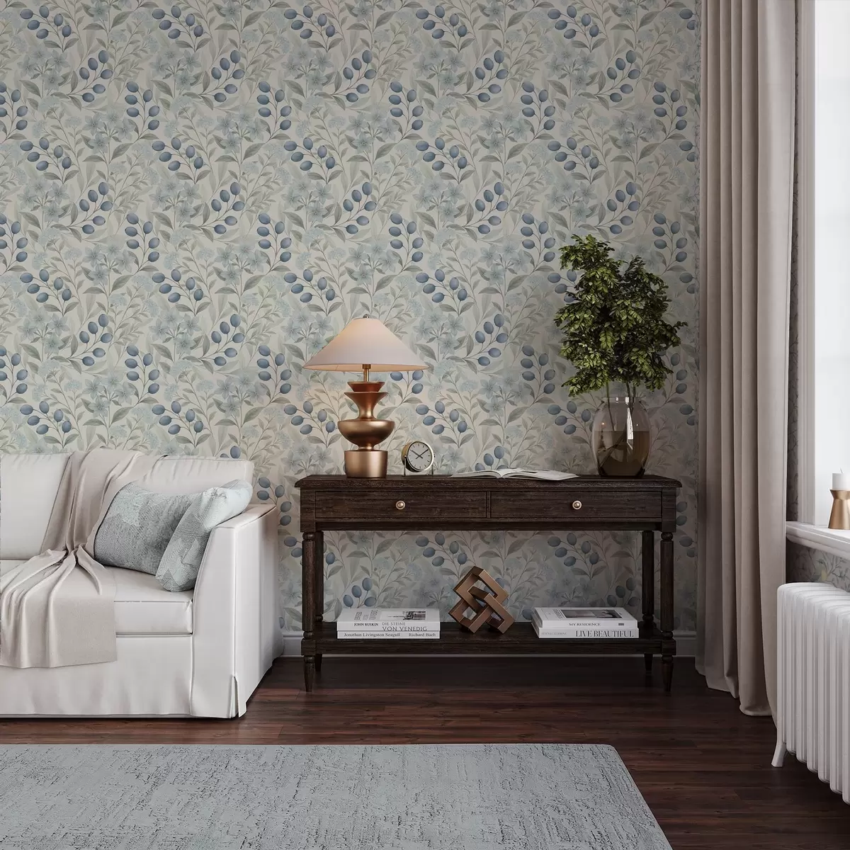 Fototapete Blaue Beeren und helle Blüten auf Elfenbein a00872