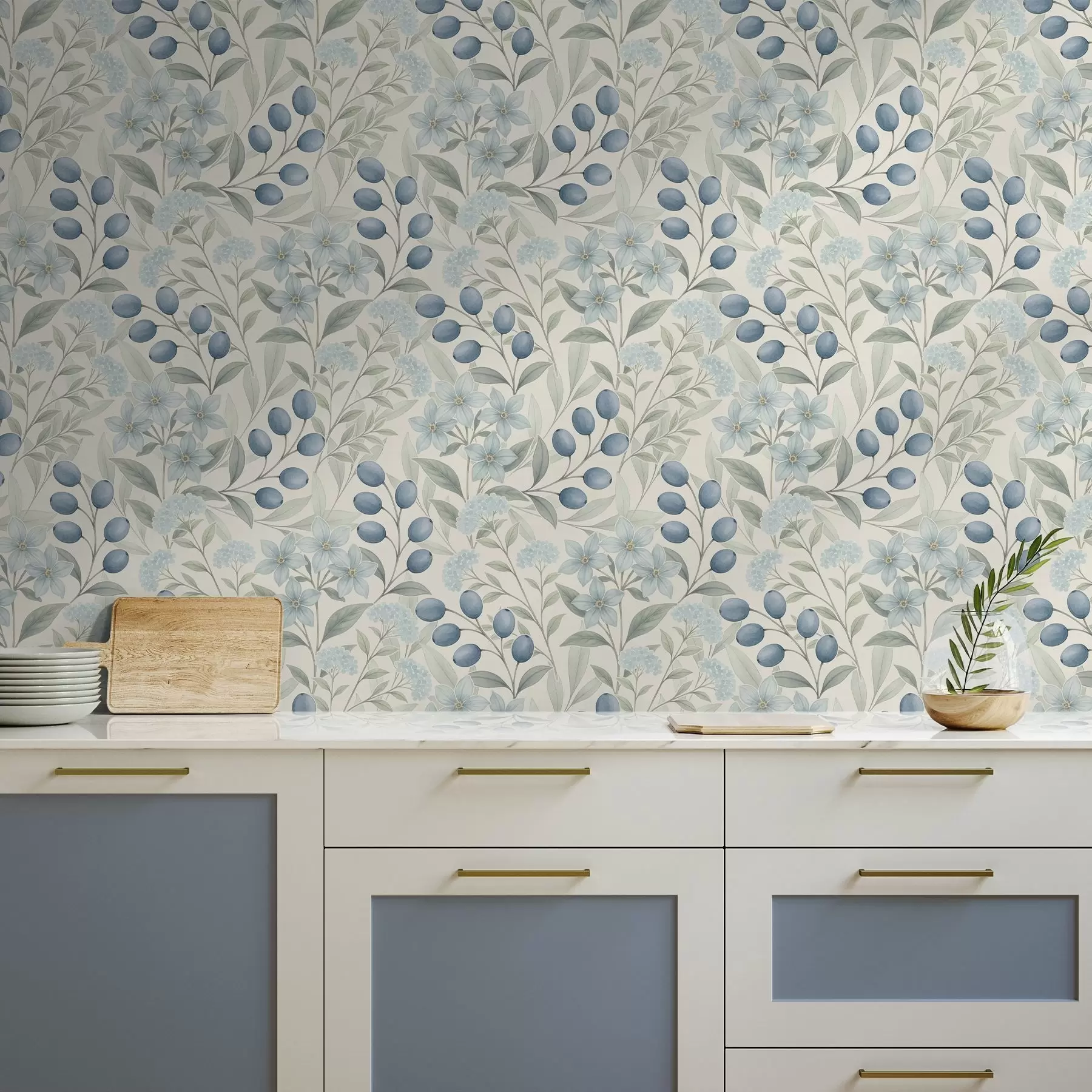 Fototapete Blaue Beeren und helle Blüten auf Elfenbein a00872