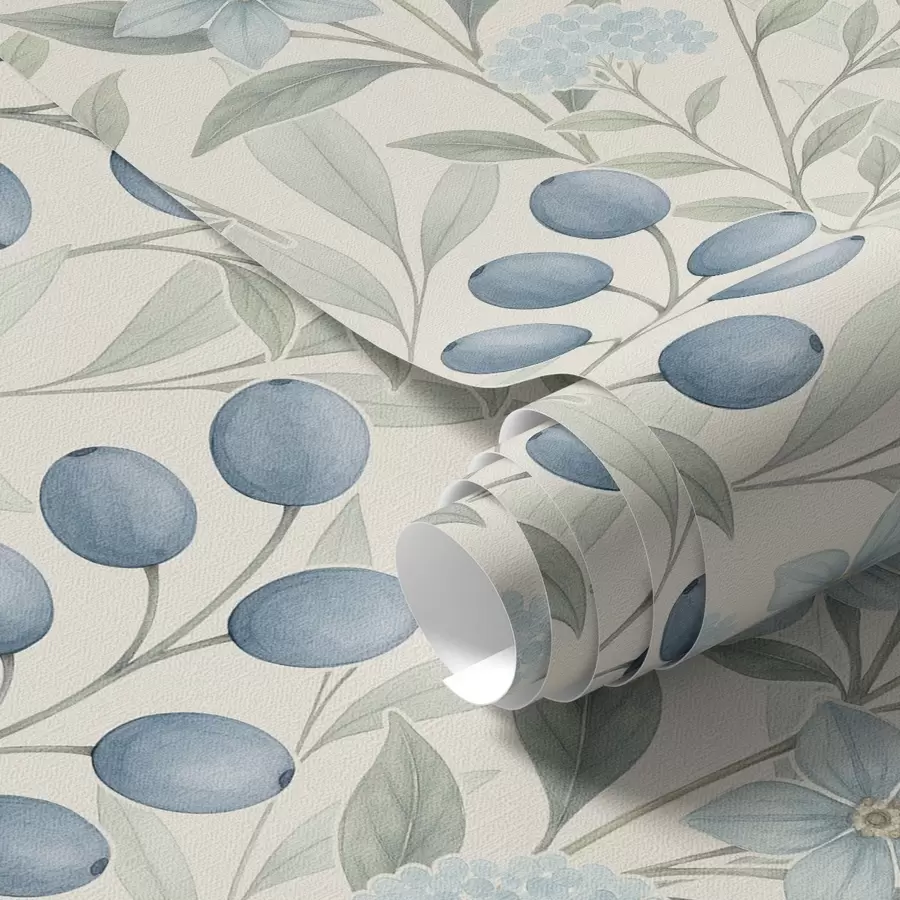 Fototapete Blaue Beeren und helle Blüten auf Elfenbein a00872