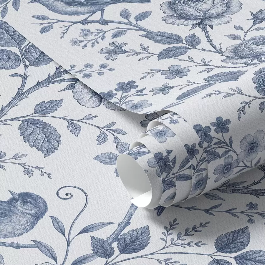 Fototapete Blaue Toile-Vögel und Rosen auf weißem Hintergrund a00873