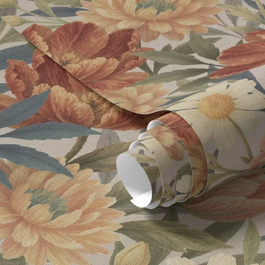 Fototapete Vintage-Gartenblüten in warmem Terrakotta und Pfirsich a00874