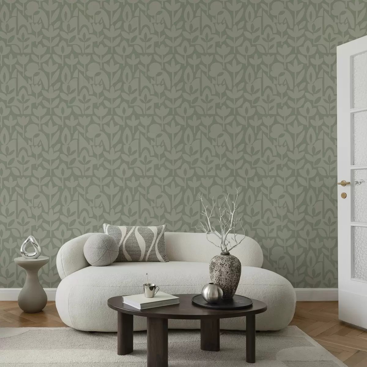 Fototapete Geometrische Blumensilhouetten in zartem Salbei a00875v1