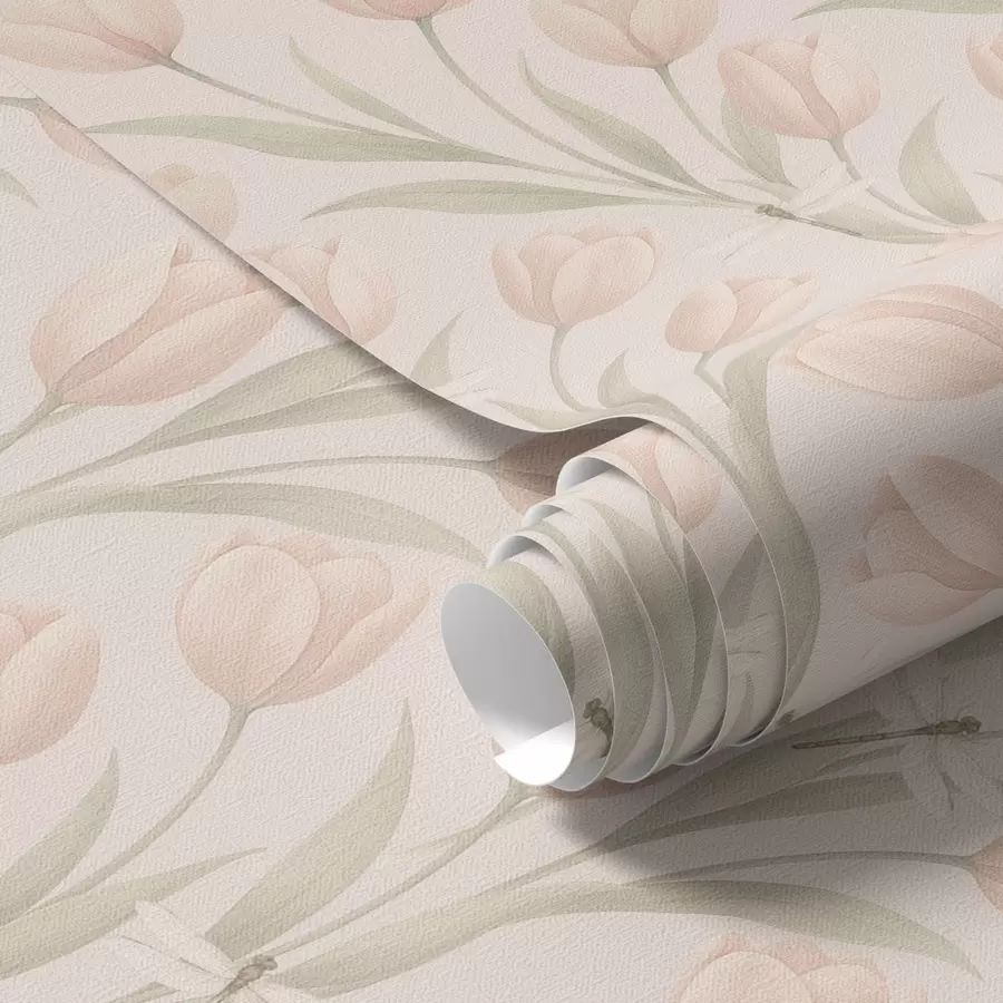 Fototapete Pastellfarbene Tulpen mit Libellen auf Blush a00876