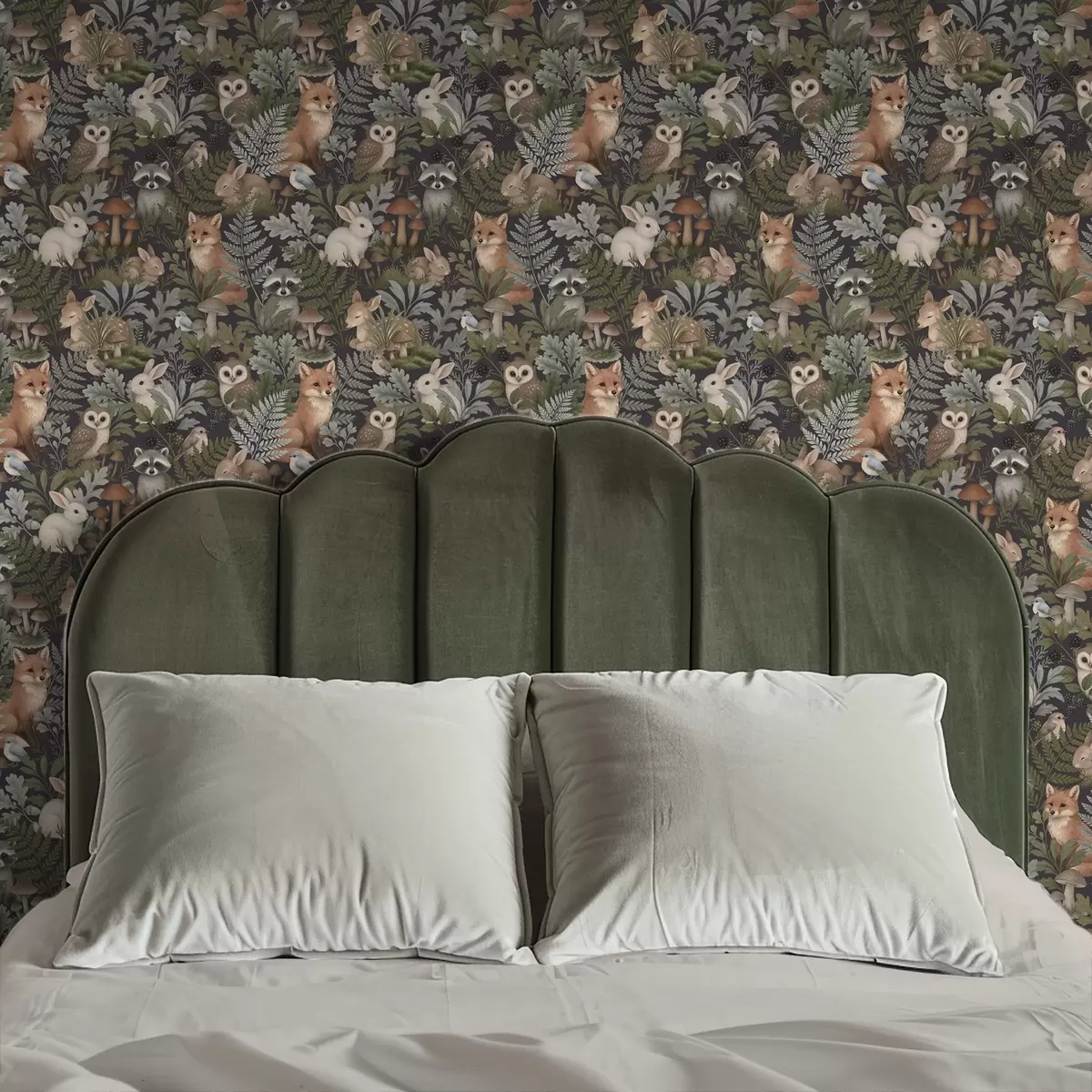 Fototapete Waldtiere und Farne auf tiefem Anthrazit a00880