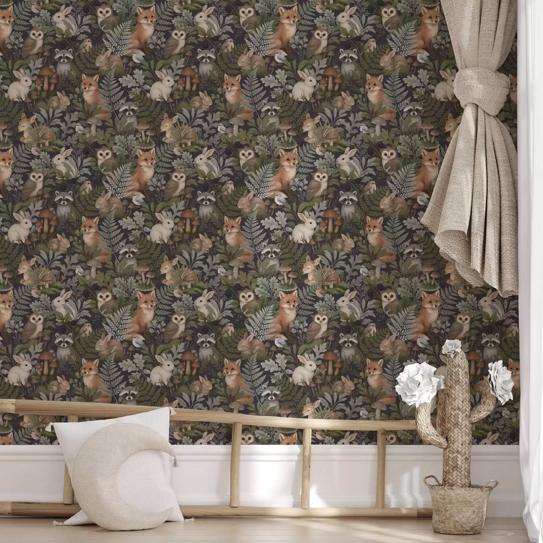Fototapete Waldtiere und Farne auf tiefem Anthrazit a00880