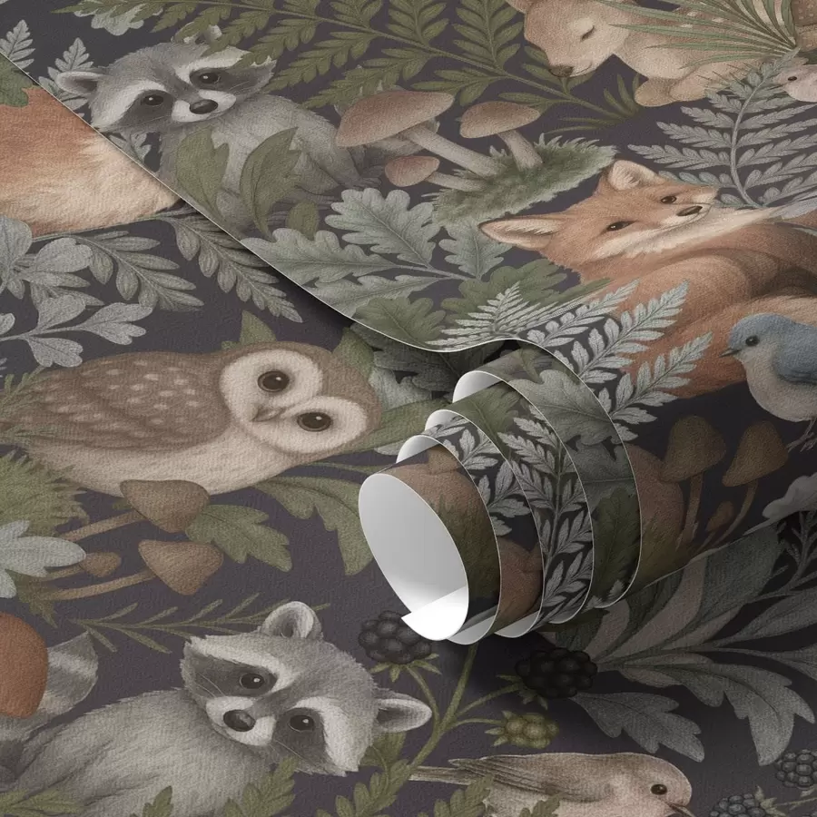 Fototapete Waldtiere und Farne auf tiefem Anthrazit a00880