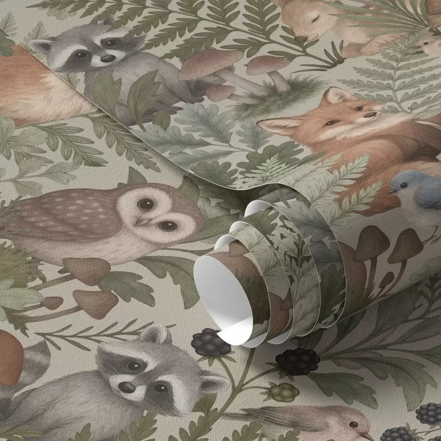 Fototapete Waldtiere, Farne und Pilze auf hellbeigem Hintergrund a00880v1