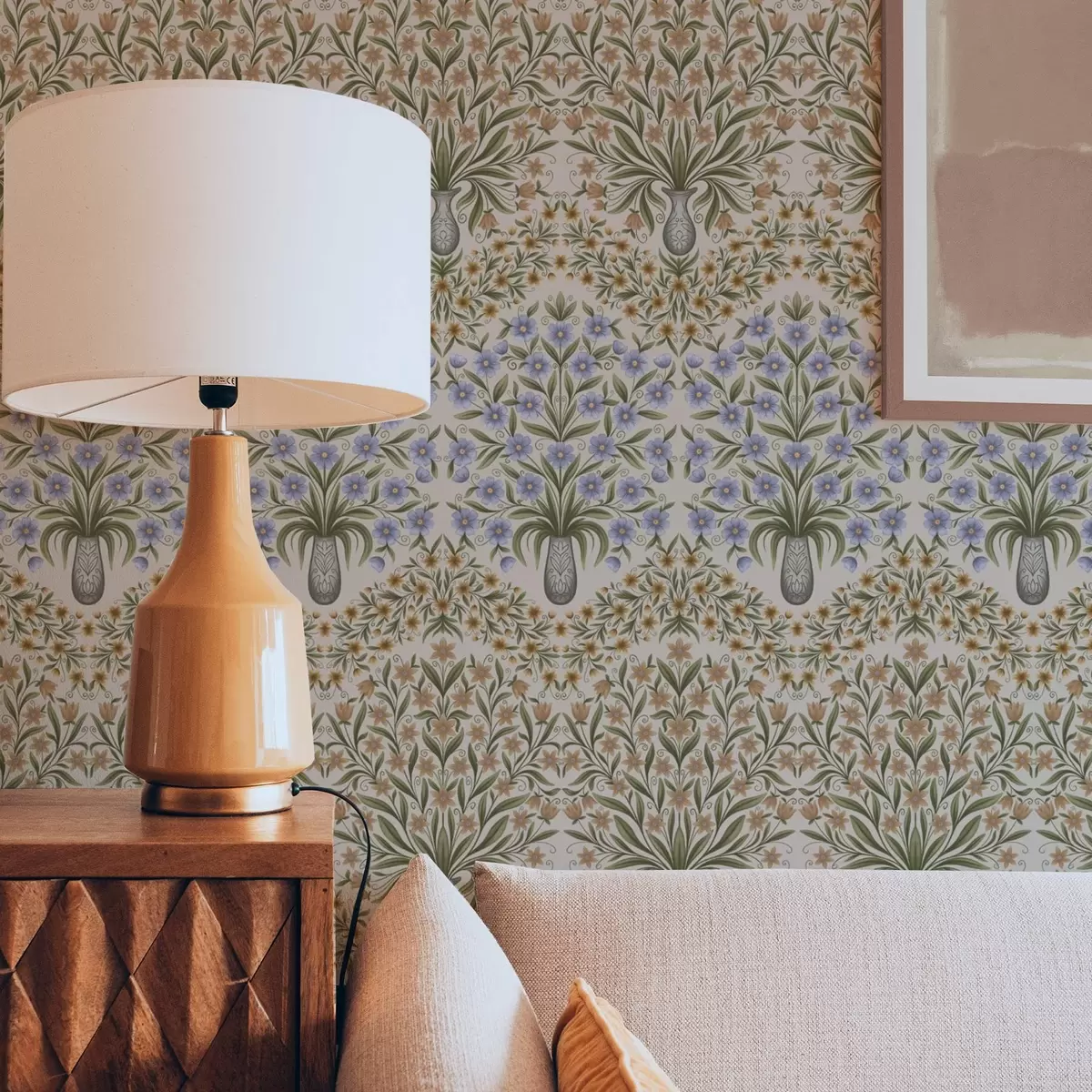 Fototapete Volksvasen mit blauen Blüten und Olivenblättern auf rosa Hintergrund a00900