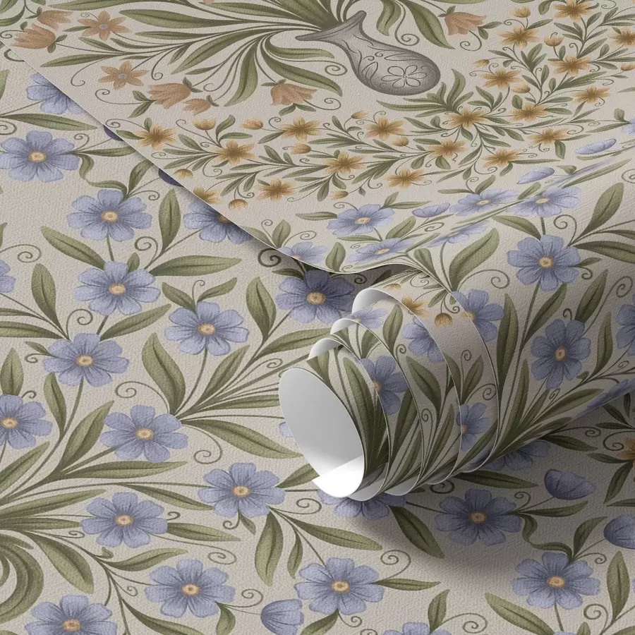 Fototapete Volksvasen mit blauen Blüten und Olivenblättern auf rosa Hintergrund a00900