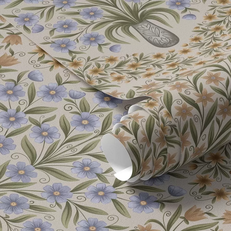 Fototapete Wechselnde Vasen und blaue Blumen in Salbei auf Blush a00901