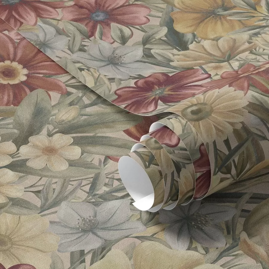 Fototapete Vintage-Wiesenblumen in warmen Gelb-, Rot- und Salbeifarben a00906