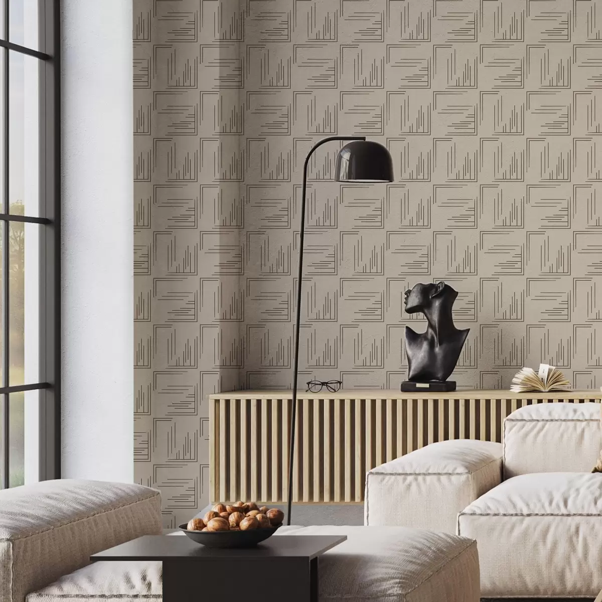 Fototapete Große Kakao-Eckquadrate mit unterschiedlichen Linienfüllungen, sandfarben a00913