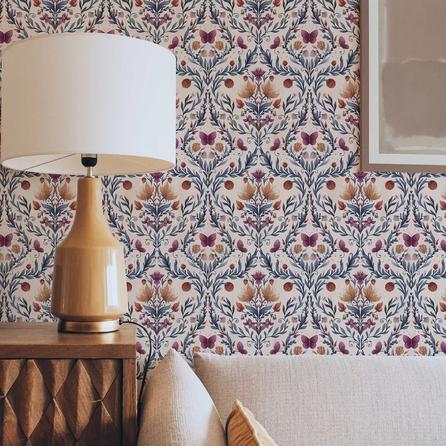 Fototapete Blumen-Damast mit Schmetterlingen auf zartem Pfirsichhintergrund a00926