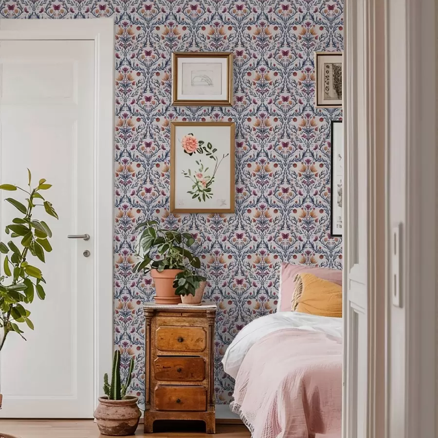 Fototapete Blumendamaszener mit Schmetterlingen in Marineblau und Terrakotta auf Weiß a00926v1