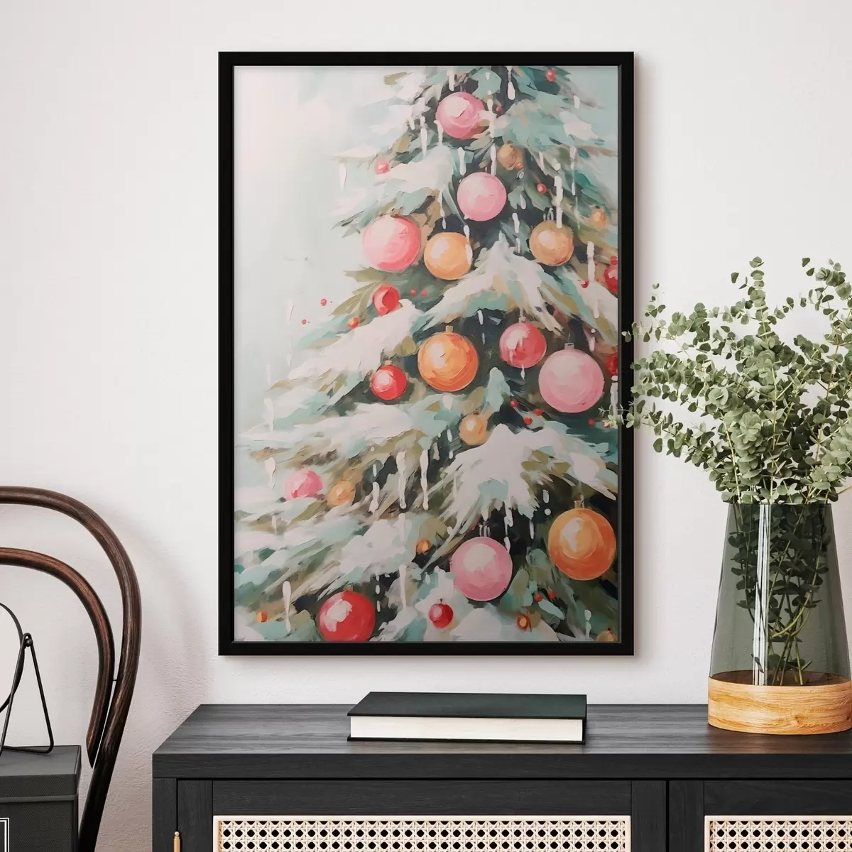 Poster Weihnachtsbaum mit Schnee und rosa Kugeln f46480
