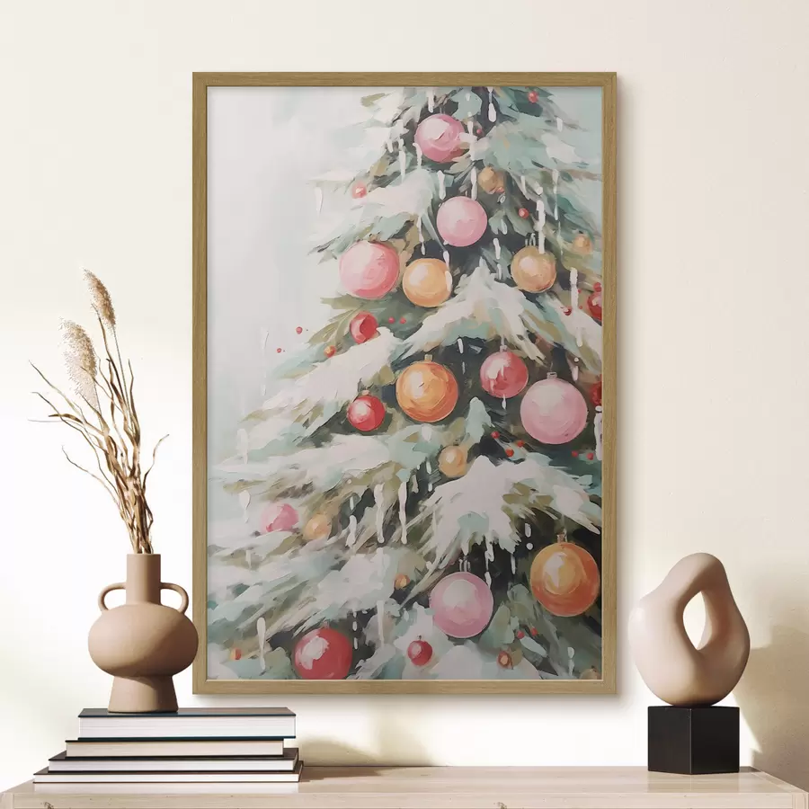 Fototapete Weihnachtsbaum mit Schnee und rosa Kugeln f46480